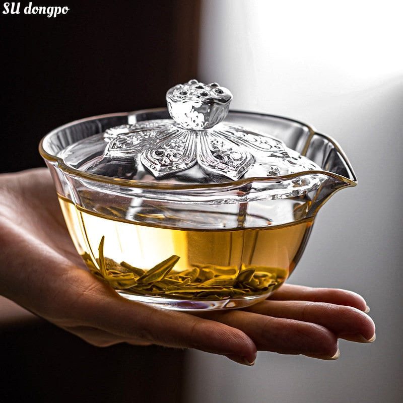 Glass · Lotus Zen Heart Holding Gaiwan Heat and Scald Resistant Er Cai Tea Tureen Hand Kettle Cup for Tea Exquisite Gifts acacuss