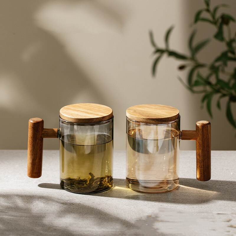 Glass Teacup with Infuser and Lid, Glass Tea Mug, Big Tea Cup with Wood Handle for Loose Leaf Tea acacuss