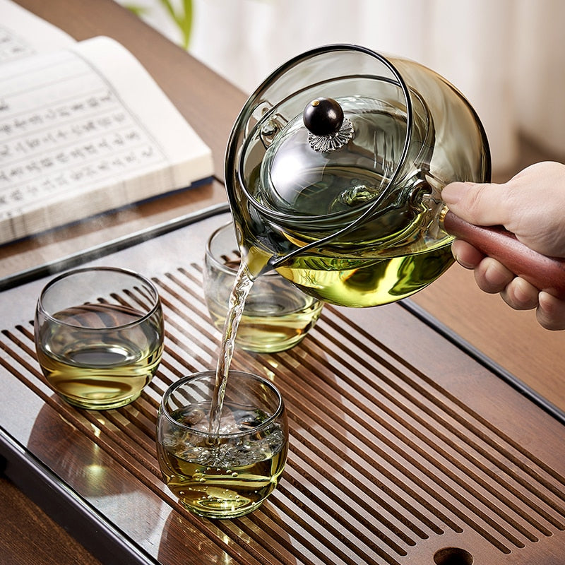 Glass Teapot With Wood Handle Chinese Tea Ceremony Pure Tea Kung Fu Tea Transparent Teawear Set Side Handle Glass Kettle acacuss