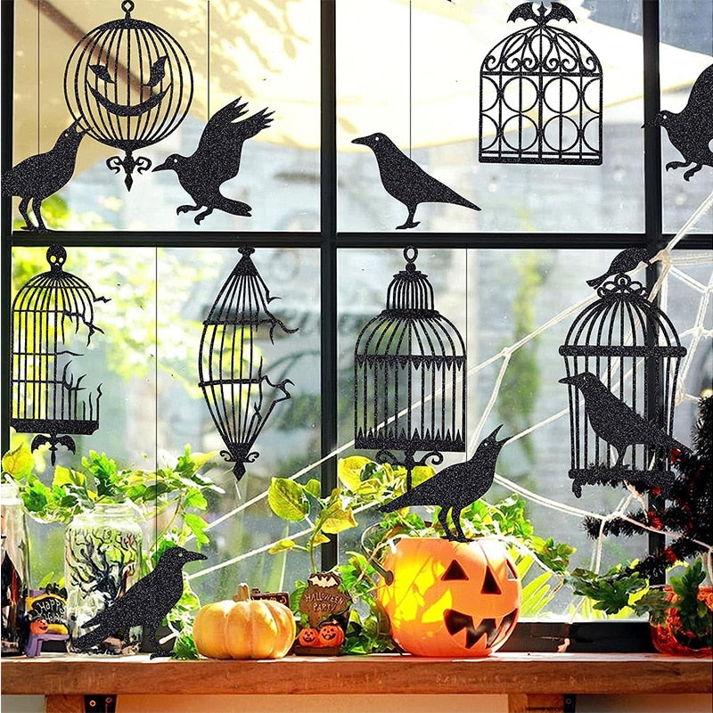 Glitter Black Crow Cage Halloween Party Decorations for Gothic Halloween Tree Hanging Decorations Raven Bird Cage Banner Garland acacuss