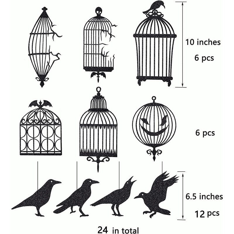 Glitter Black Crow Cage Halloween Party Decorations for Gothic Halloween Tree Hanging Decorations Raven Bird Cage Banner Garland acacuss