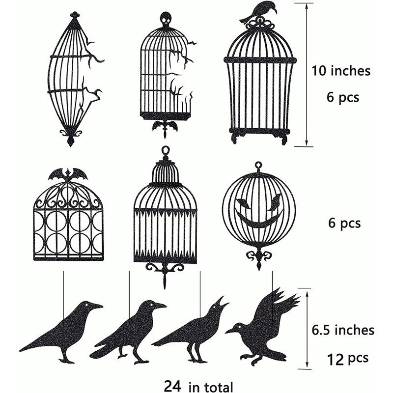 Glitter Black Crow Cage Halloween Party Decorations for Gothic Halloween Tree Hanging Decorations Raven Bird Cage Banner Garland acacuss