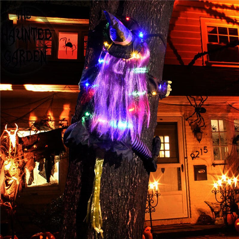 2023 New Glow Halloween Witch Doll Courtyard Witch Crashing Into Tree LED Halloween Decoration Toy Funny Door Porch Tree Decorat acacuss