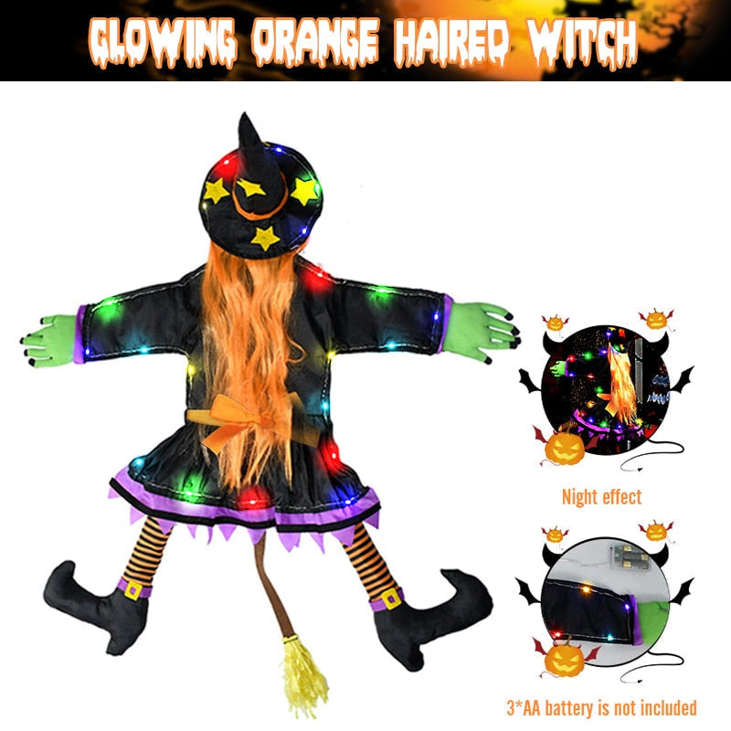 2023 New Glow Halloween Witch Doll Courtyard Witch Crashing Into Tree LED Halloween Decoration Toy Funny Door Porch Tree Decorat acacuss