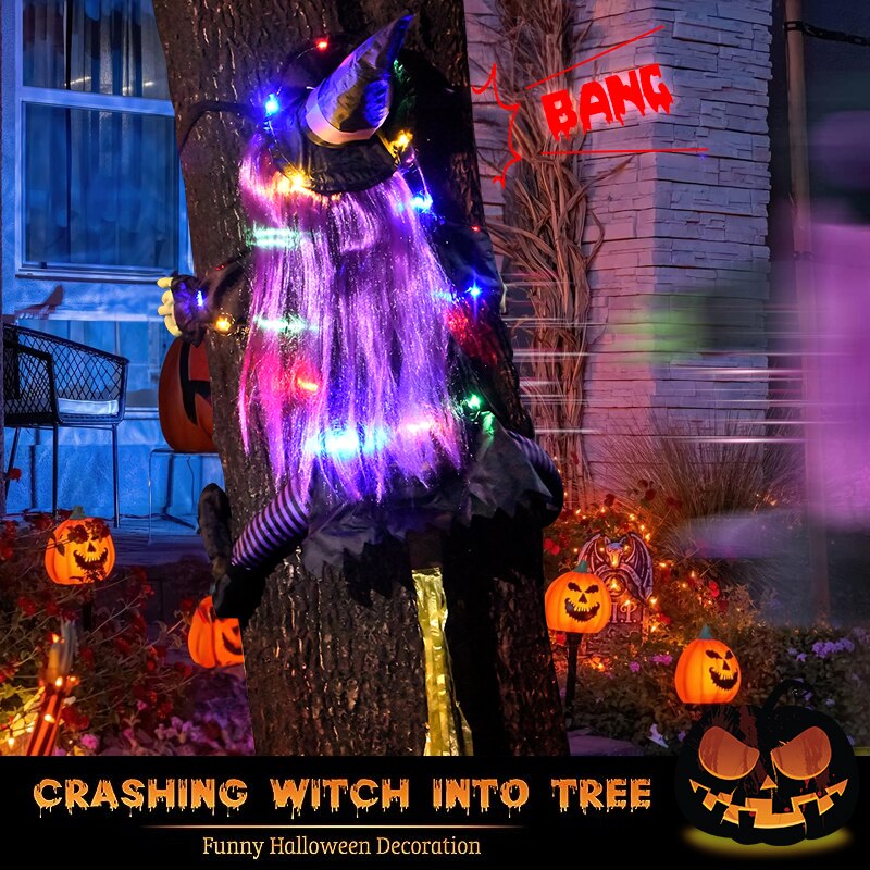 2023 New Glow Halloween Witch Doll Courtyard Witch Crashing Into Tree LED Halloween Decoration Toy Funny Door Porch Tree Decorat acacuss