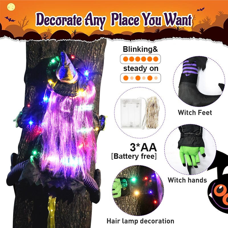 2023 New Glow Halloween Witch Doll Courtyard Witch Crashing Into Tree LED Halloween Decoration Toy Funny Door Porch Tree Decorat acacuss