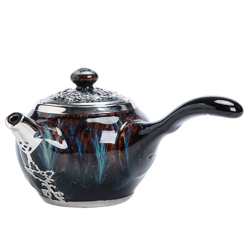 Gold inlaid jade hand-inlaid gold side handle pot Kung Fu tea set teapot tea cup Jianzhan tea single pot household high-end teapot - acacuss