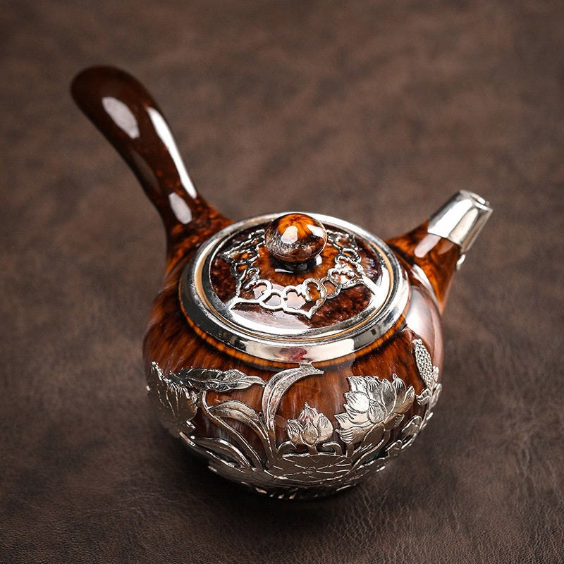 Gold inlaid jade hand-inlaid gold side handle pot Kung Fu tea set teapot tea cup Jianzhan tea single pot household high-end teapot - acacuss