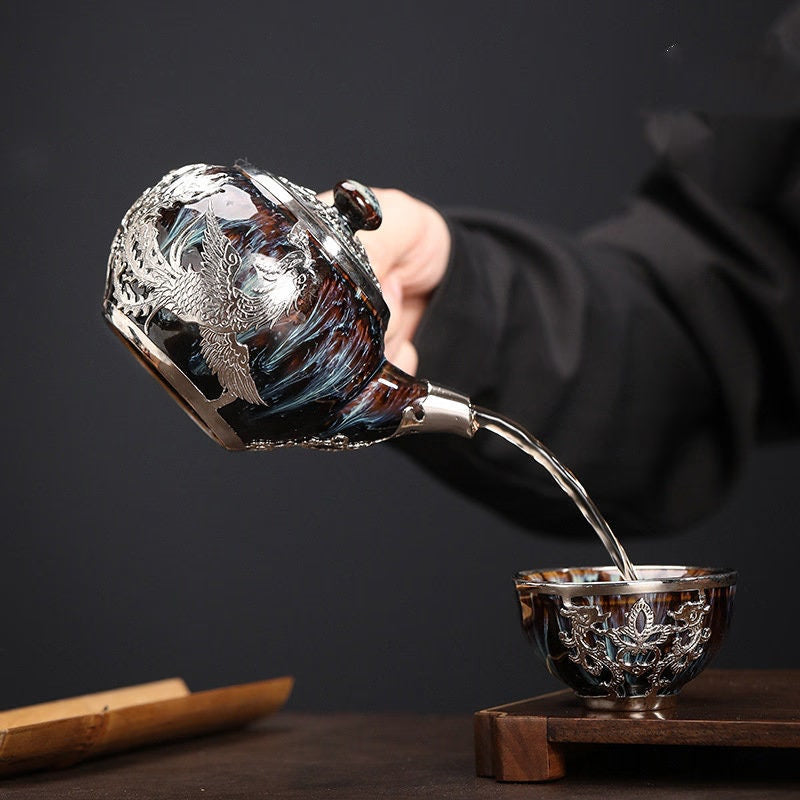Gold inlaid jade hand-inlaid gold side handle pot Kung Fu tea set teapot tea cup Jianzhan tea single pot household high-end teapot - acacuss