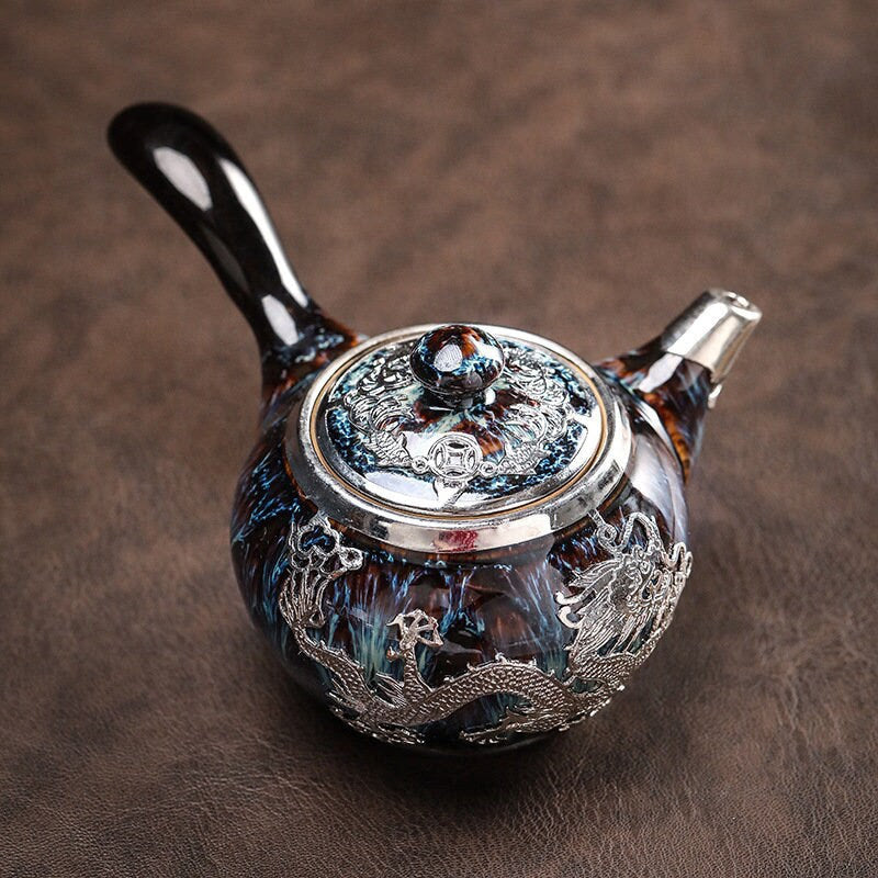 Gold inlaid jade hand-inlaid gold side handle pot Kung Fu tea set teapot tea cup Jianzhan tea single pot household high-end teapot - acacuss