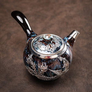 Gold inlaid jade hand-inlaid gold side handle pot Kung Fu tea set teapot tea cup Jianzhan tea single pot household high-end teapot - acacuss