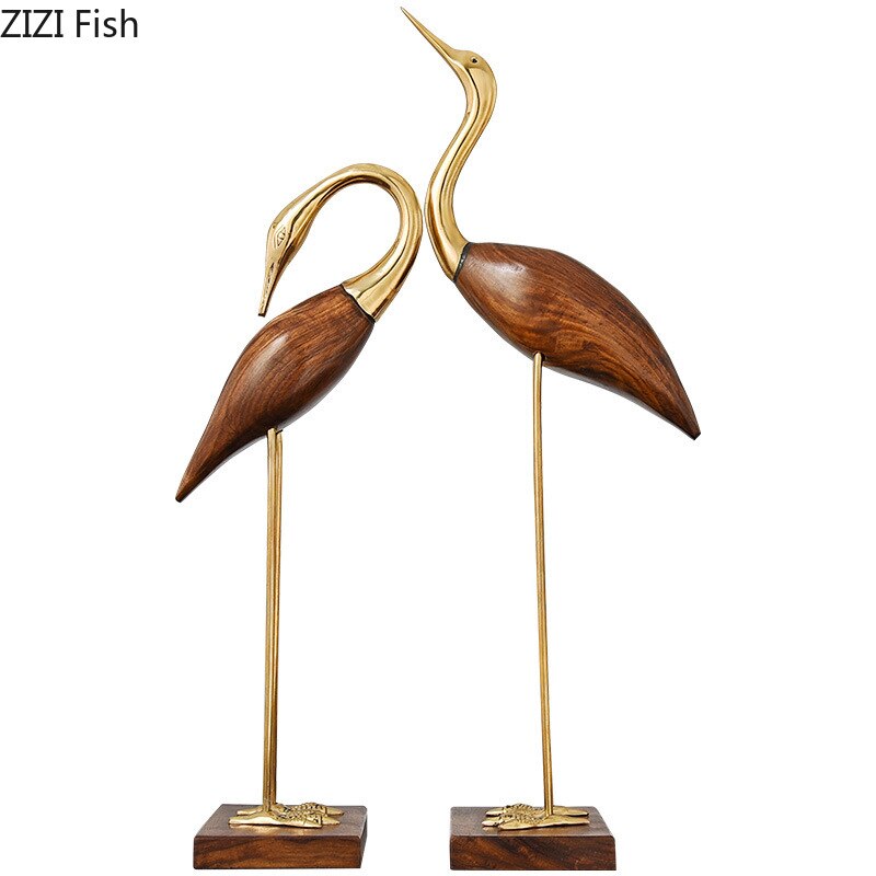 Golden Fairy Crane Wood Carving Crafts Sculpture Room Aesthetics Furnishings Desk Ornaments Brass Crane Statue Modern Home Decor acacuss