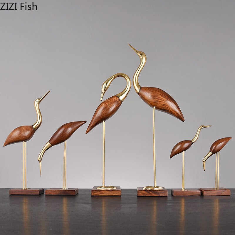 Golden Fairy Crane Wood Carving Crafts Sculpture Room Aesthetics Furnishings Desk Ornaments Brass Crane Statue Modern Home Decor acacuss