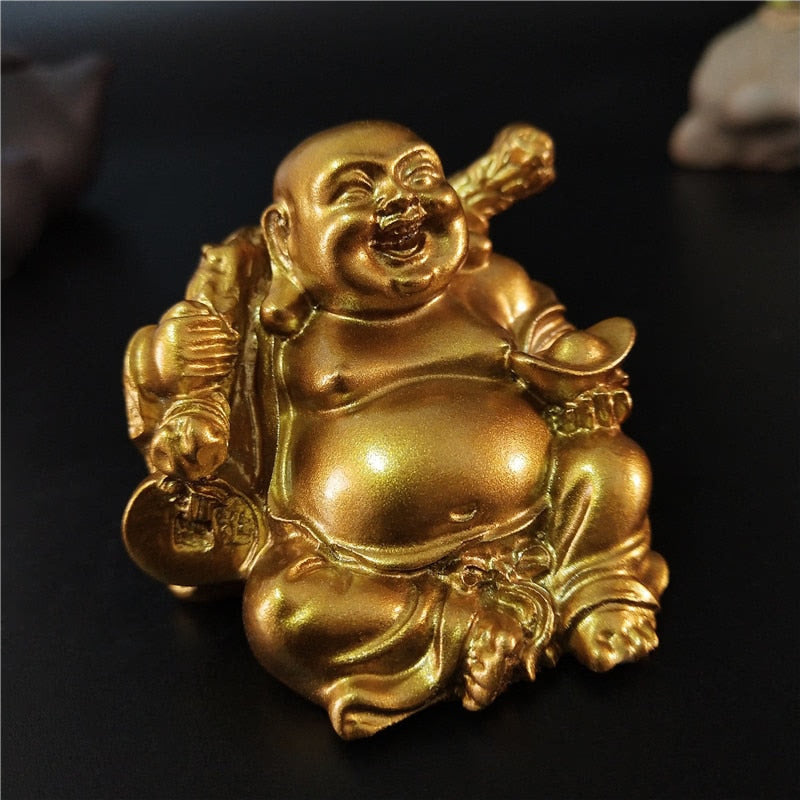 Golden Laughing Buddha Statue Chinese Feng Shui Lucky Money Maitreya Buddha Sculpture Figurines Home Garden Decoration Statues acacuss