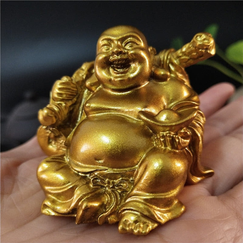 Golden Laughing Buddha Statue Chinese Feng Shui Lucky Money Maitreya Buddha Sculpture Figurines Home Garden Decoration Statues acacuss