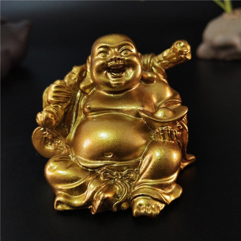 Golden Laughing Buddha Statue Chinese Feng Shui Lucky Money Maitreya Buddha Sculpture Figurines Home Garden Decoration Statues acacuss