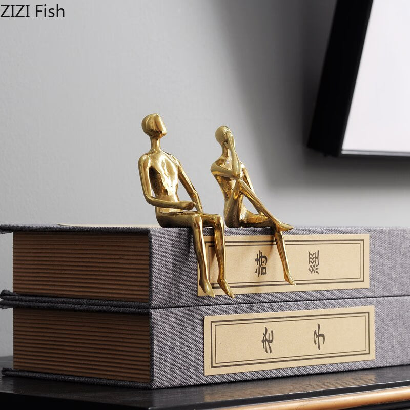 Golden Metal Portrait Statue Desktop Decor Ornaments Abstract Figures with Crystal Base Crafts Figurines Nordic Home Decoration acacuss