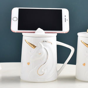 Gorgeous Relief Unicorn Coffee Mug with Mobile Phone Holder Lid Cute Water Tea Ceramic Milk Breakfast Cup Creative Gift acacuss