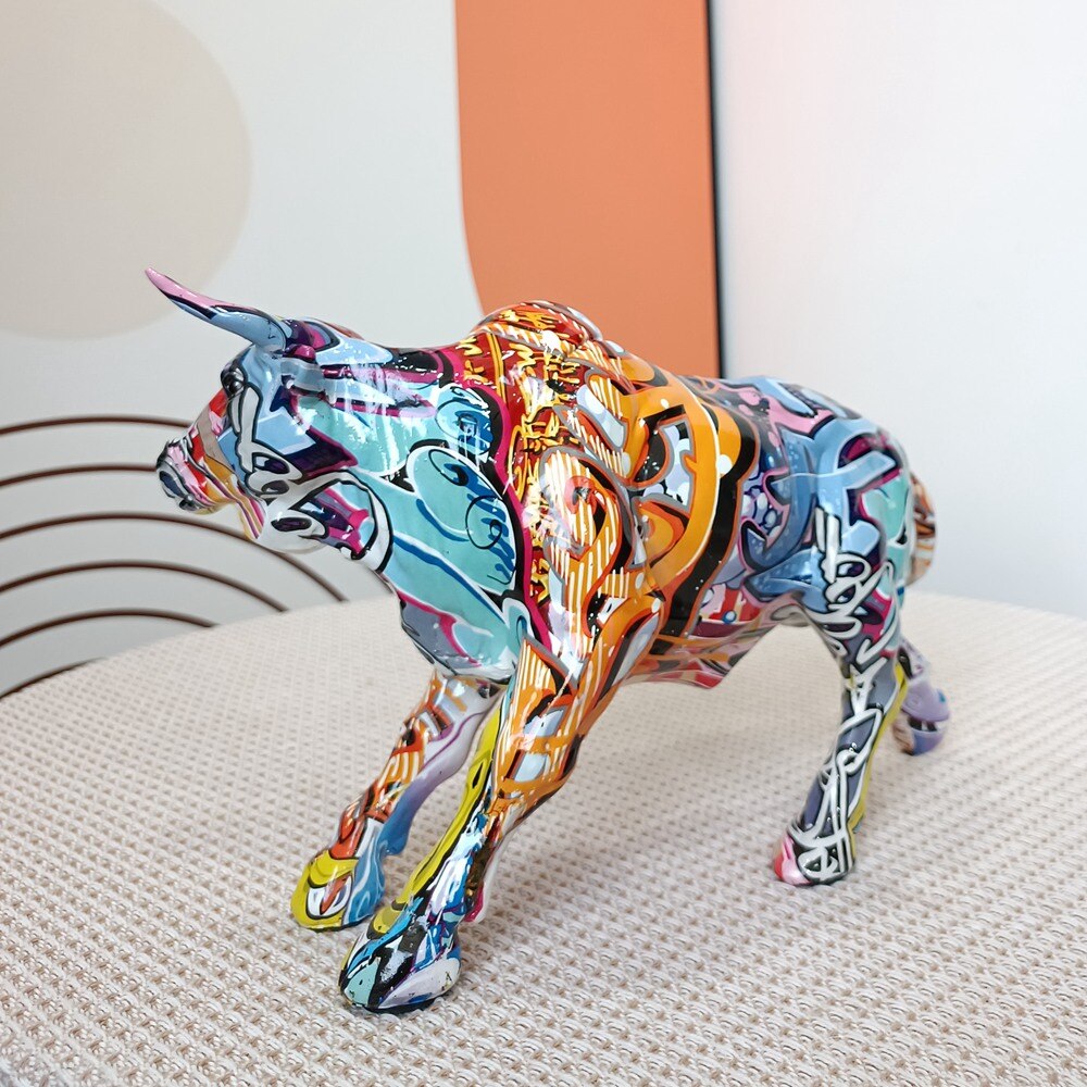 Graffiti Charging Bull Statue Resin Miami Animal Feng Shui Art Modern Sculpture Home Living Room Decoration Office Figurine Gift acacuss