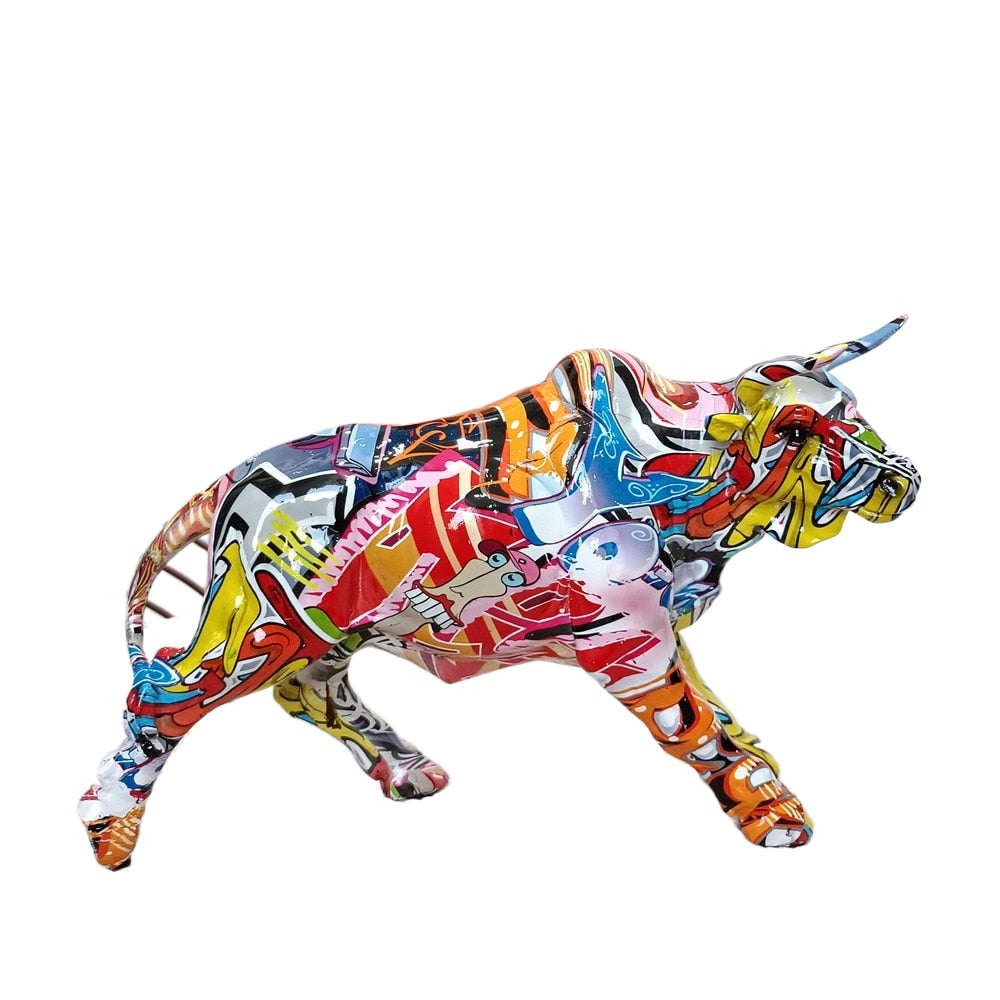 Graffiti Charging Bull Statue Resin Miami Animal Feng Shui Art Modern Sculpture Home Living Room Decoration Office Figurine Gift acacuss