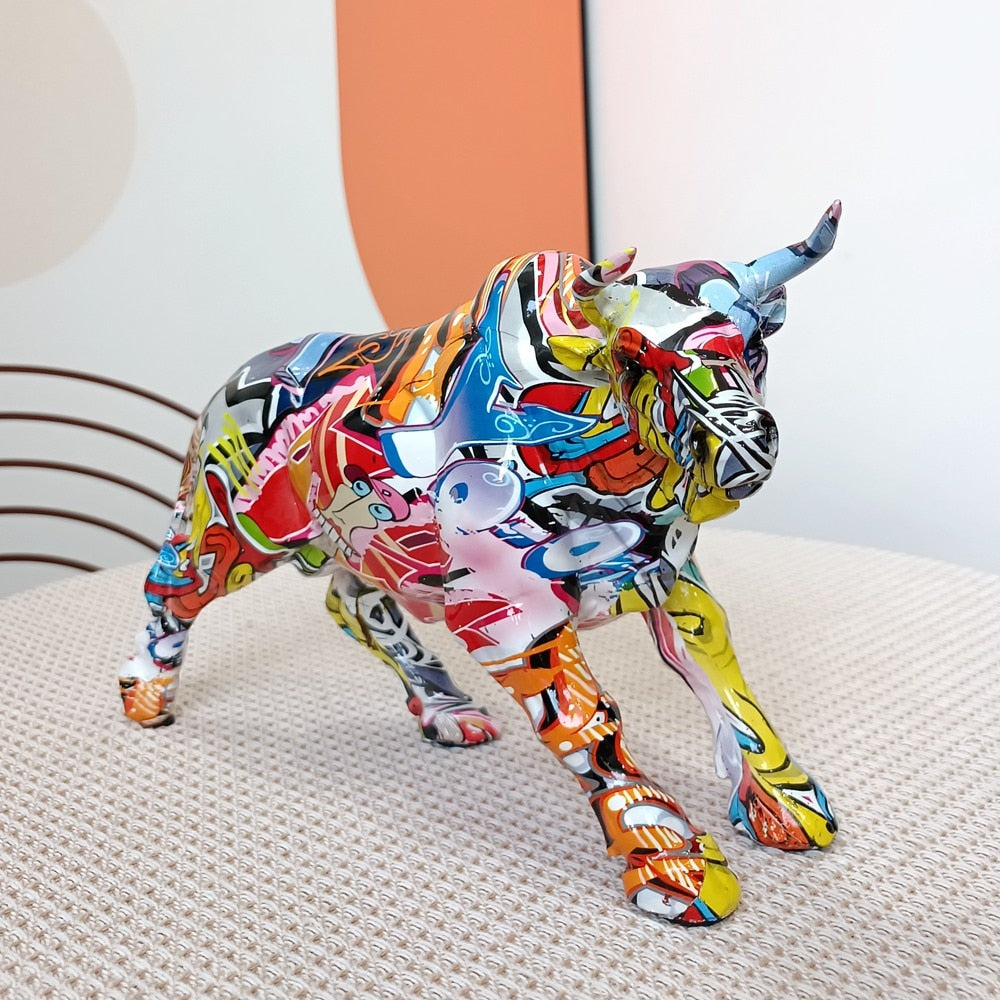 Graffiti Charging Bull Statue Resin Miami Animal Feng Shui Art Modern Sculpture Home Living Room Decoration Office Figurine Gift acacuss