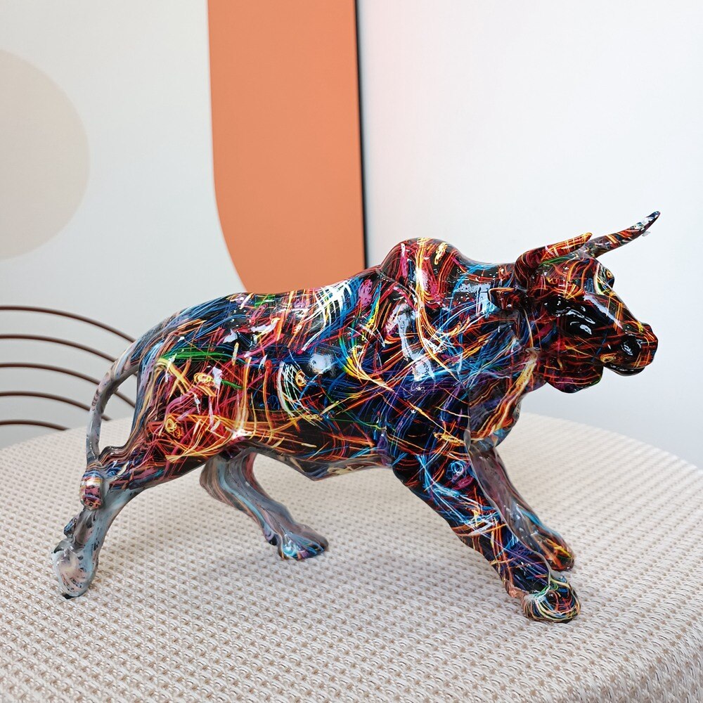 Graffiti Charging Bull Statue Resin Miami Animal Feng Shui Art Modern Sculpture Home Living Room Decoration Office Figurine Gift acacuss