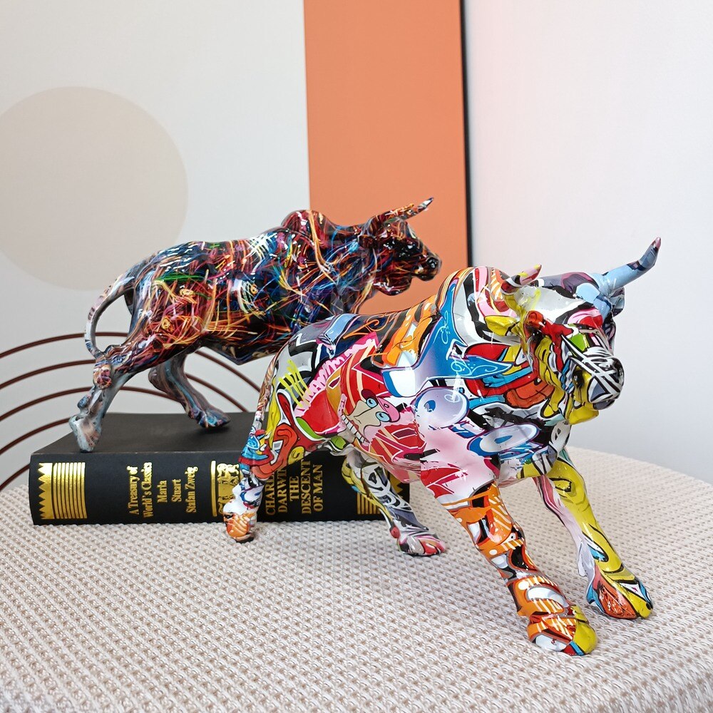 Graffiti Charging Bull Statue Resin Miami Animal Feng Shui Art Modern Sculpture Home Living Room Decoration Office Figurine Gift acacuss