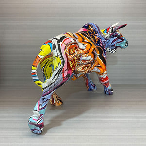 Graffiti Painting Resin Bull Figurines Home Living Room Bedroom Office Desktop Feng Shui Ornaments Collection Statues acacuss