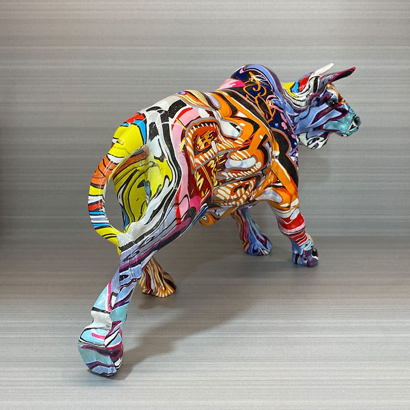 Graffiti Painting Resin Bull Figurines Home Living Room Bedroom Office Desktop Feng Shui Ornaments Collection Statues acacuss