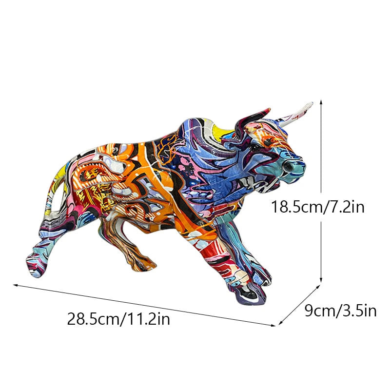 Graffiti Painting Resin Bull Figurines Home Living Room Bedroom Office Desktop Feng Shui Ornaments Collection Statues acacuss
