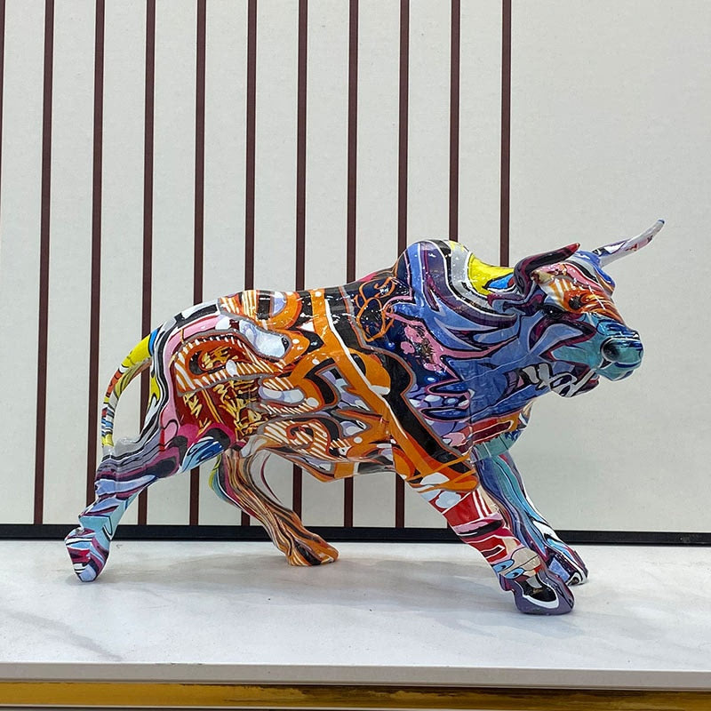 Graffiti Painting Resin Bull Figurines Home Living Room Bedroom Office Desktop Feng Shui Ornaments Collection Statues acacuss