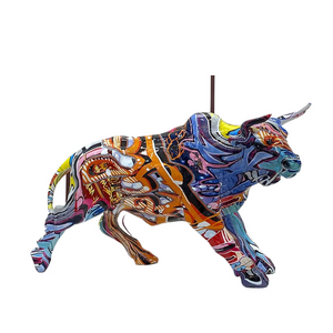 Graffiti Painting Resin Bull Figurines Home Living Room Bedroom Office Desktop Feng Shui Ornaments Collection Statues acacuss