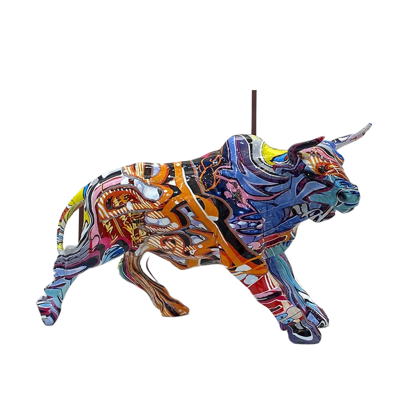Graffiti Painting Resin Bull Figurines Home Living Room Bedroom Office Desktop Feng Shui Ornaments Collection Statues acacuss