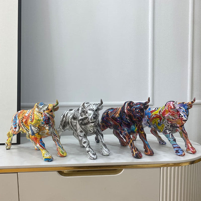Graffiti Painting Resin Bull Figurines Home Living Room Bedroom Office Desktop Feng Shui Ornaments Collection Statues acacuss