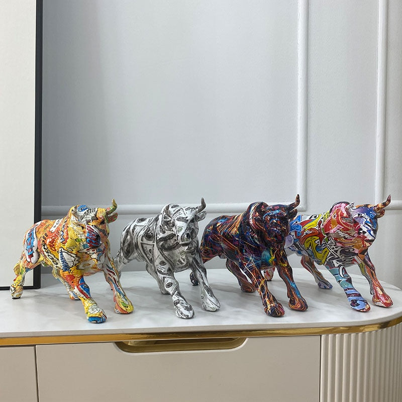 Graffiti Painting Resin Bull Figurines Home Living Room Bedroom Office Desktop Feng Shui Ornaments Collection Statues acacuss