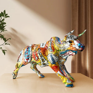 Graffiti Painting Resin Bull Figurines Home Living Room Bedroom Office Desktop Feng Shui Ornaments Collection Statues acacuss