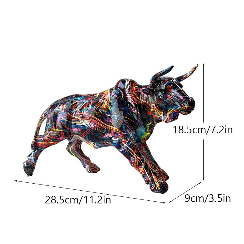 Graffiti Painting Resin Bull Figurines Home Living Room Bedroom Office Desktop Feng Shui Ornaments Collection Statues acacuss