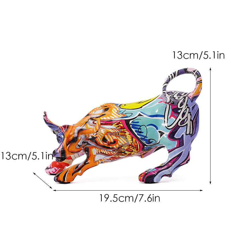 Graffiti Painting Resin Bull Figurines Home Living Room Bedroom Office Desktop Feng Shui Ornaments Collection Statues acacuss