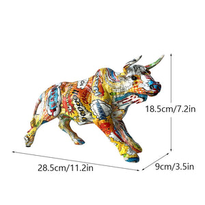 Graffiti Painting Resin Bull Figurines Home Living Room Bedroom Office Desktop Feng Shui Ornaments Collection Statues acacuss