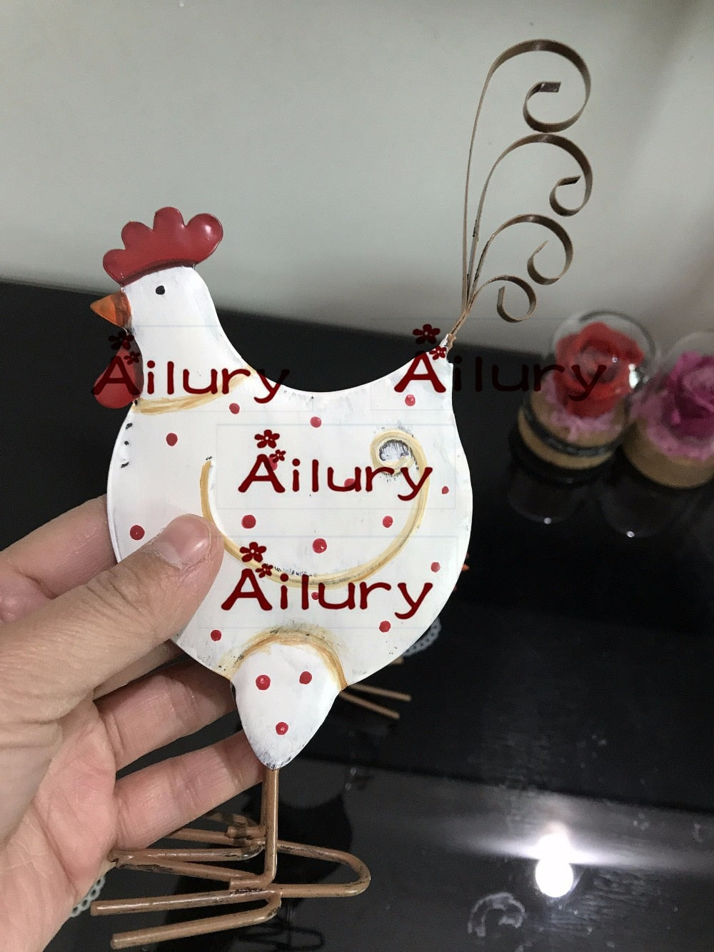 H19cm Cute White Red Color Double-sided Metal Chicken,Children's Room Desktop Window Oranment,New Year Gift,Xmas Decor.Present acacuss