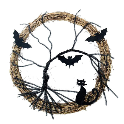 Couronne d'Halloween, accessoire lumineux, ornements, chat chauve-souris noir, couronne de fête effrayante avec guirlande lumineuse pour mur de porte d'entrée 