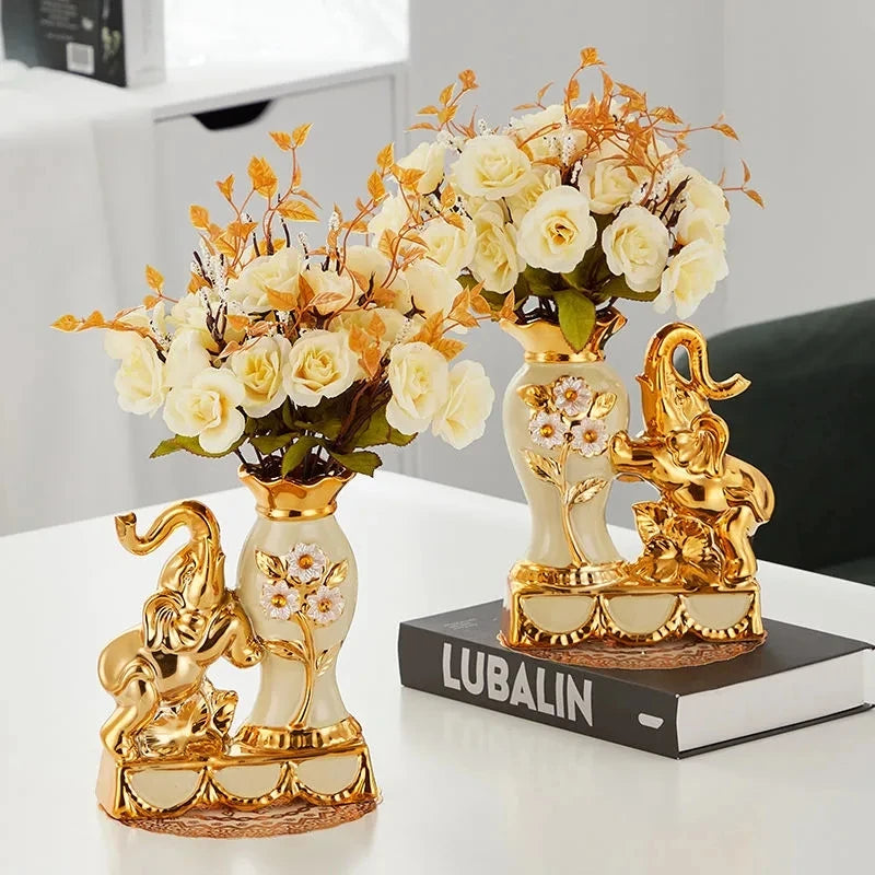 European Style Ceramic Golden Vase Arrangement Dining Table Home Decoration Accessories Creative Golden Elephant Vases