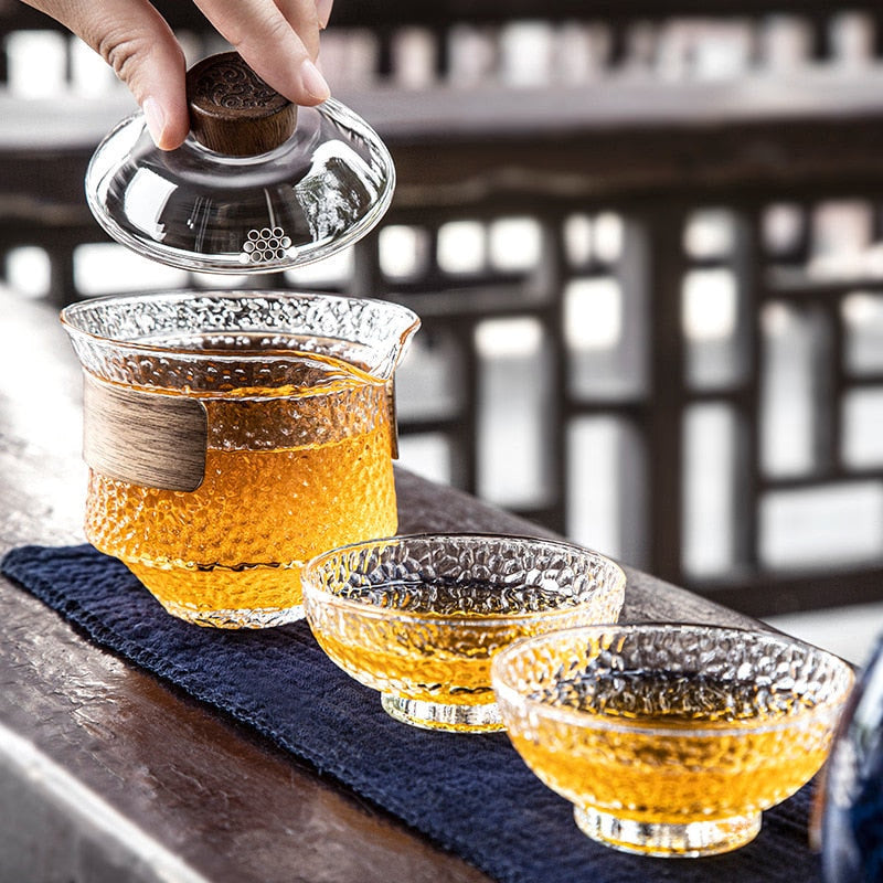 HMLOVE 3pcs High Boron Silicon Tea Set 2 Cups Gaiwan Frosted Transparent Glass Portable Travel Tureen Teaware Ceremony 200Ml acacuss