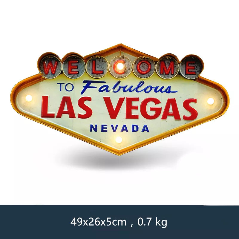 Las Vegas Welcome Neon Sign for Bar Vintage Home Decor Painting Illuminated Hanging Metal Signs Iron Pub Cafe Wall Decoration