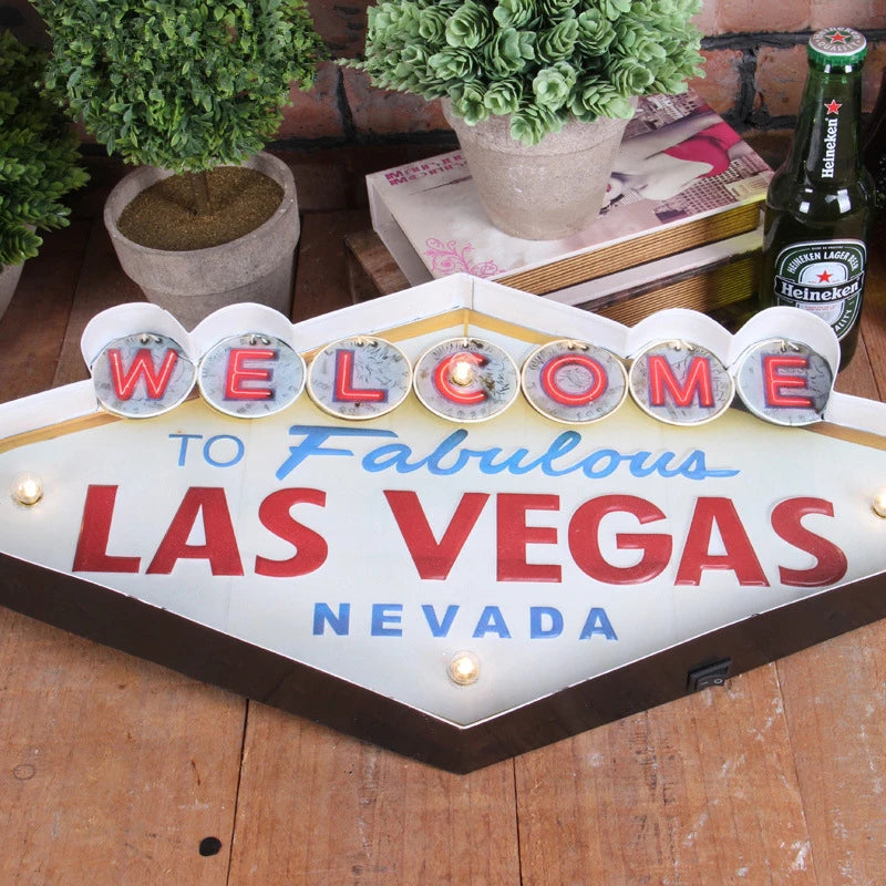 Las Vegas Welcome Neon Sign for Bar Vintage Home Decor Painting Illuminated Hanging Metal Signs Iron Pub Cafe Wall Decoration