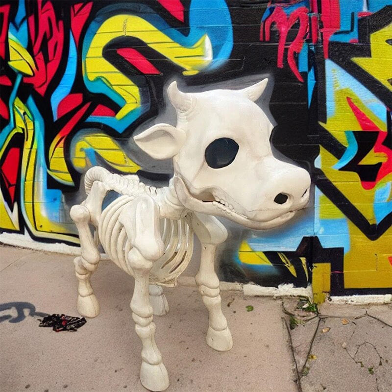 2023 Halloween Cow Horse Skeleton Tricky Graveyard Resin Cow Skull Skeleton Spooky Halloween Horror Cow Bones Skeleton Decor acacuss