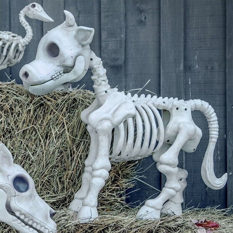 2023 Halloween Cow Horse Skeleton Tricky Graveyard Resin Cow Skull Skeleton Spooky Halloween Horror Cow Bones Skeleton Decor acacuss