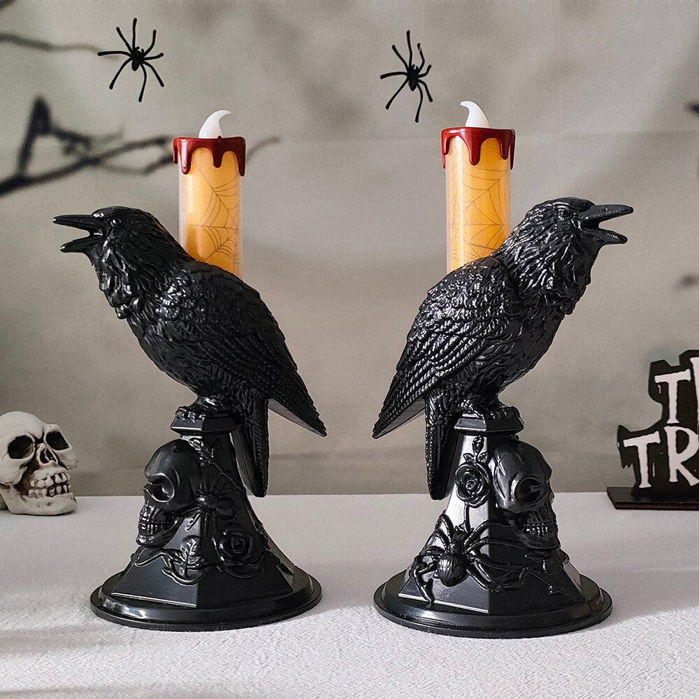 Halloween Crow Candle Light LED Resin Candlestick Lamp Horror Halloween Party Props Raven Candle Light Gothic Decoration acacuss