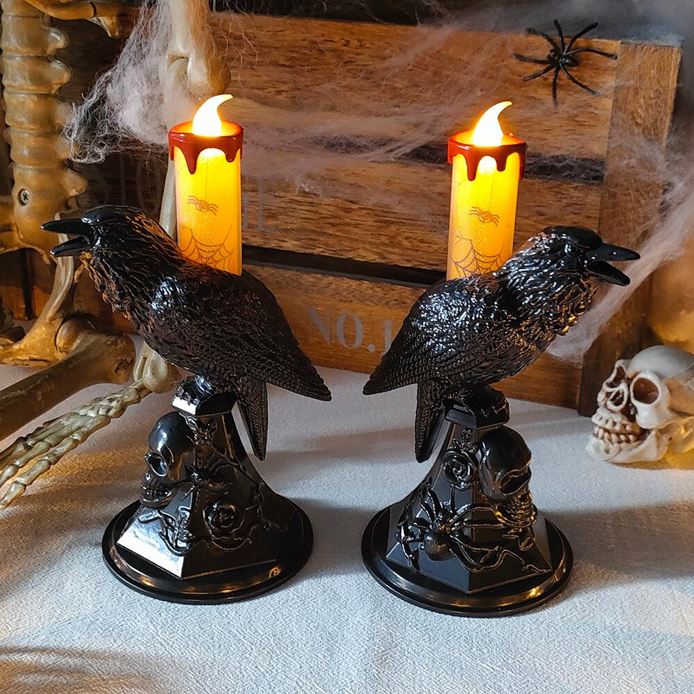 Halloween Crow Candle Light LED Resin Candlestick Lamp Horror Halloween Party Props Raven Candle Light Gothic Decoration acacuss