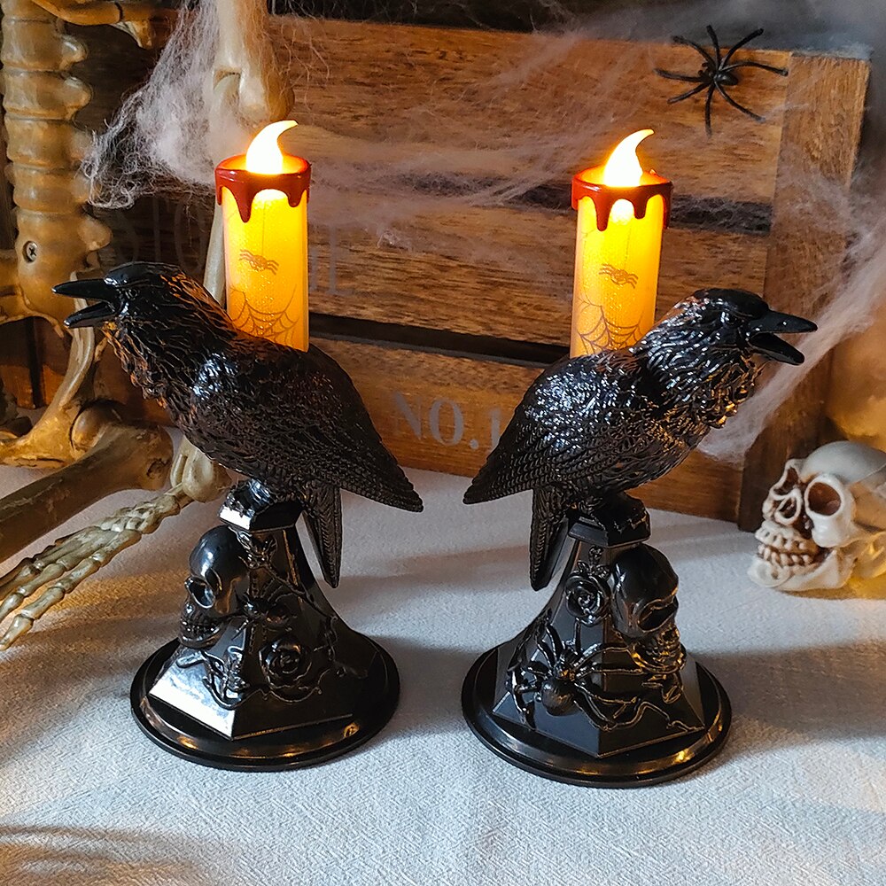 Halloween Crow Candle Light LED Resin Candlestick Lamp Horror Halloween Party Props Raven Candle Light Gothic Decoration acacuss